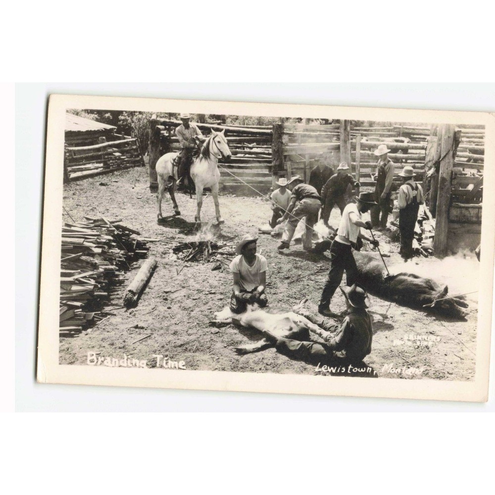Vintage Branding Time Lewisstown Montana Real Photo Postcard RPPC Cowboy Ranch